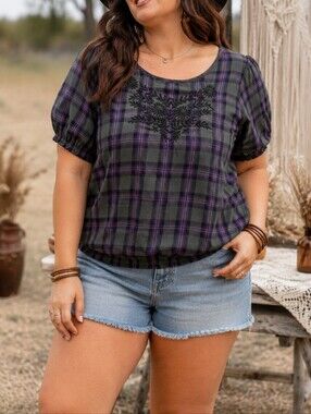 Love & Legend Plus Size Purple Plaid Embroidered Viscose Blouse Short Sleeve Top